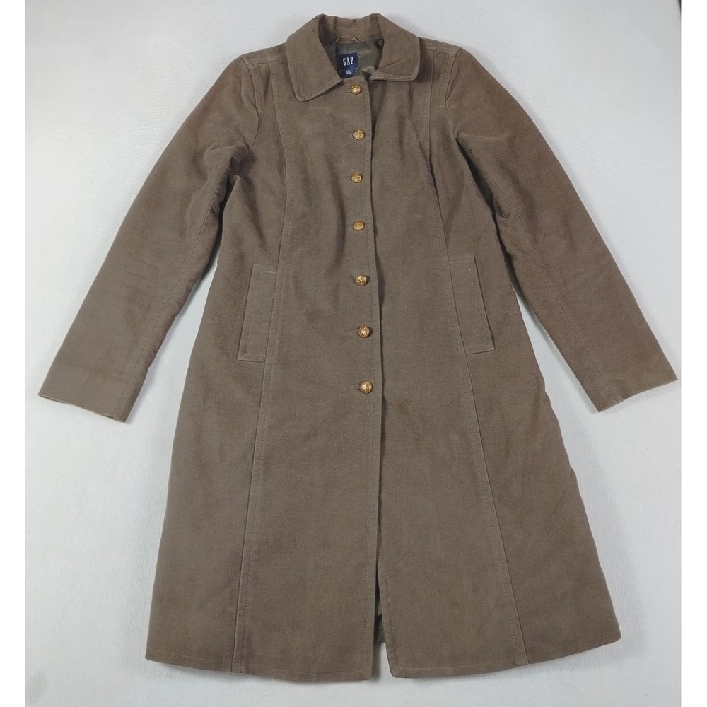 Vintage Gap Coat Womens‎ Medium Brown Twill Long Overcoat Lined Button Front